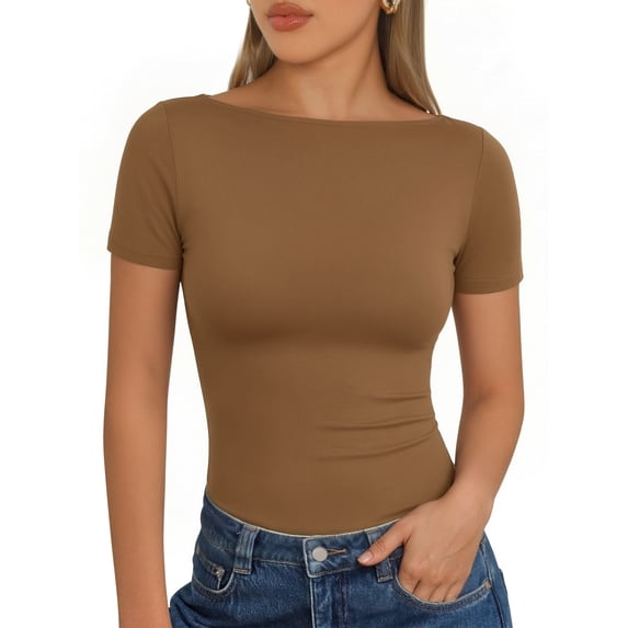MOYIKO Womens T Shirts Short Sleeve Boat Neck Slim Fit Tee Basic Summer Tops