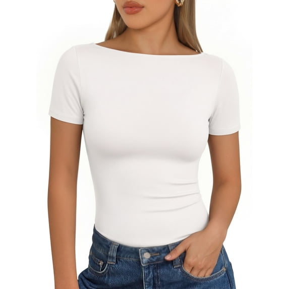 MOYIKO Womens T Shirts Short Sleeve Boat Neck Slim Fit Tee Basic Summer Tops