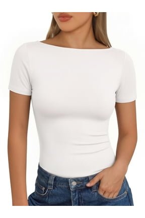 Womens T Shirts Short Sleeve Boat Neck Slim Fit Tee Basic Summer Tops