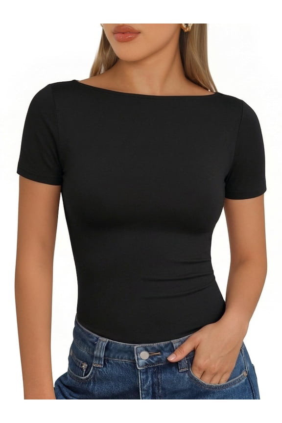 Womens T Shirts Short Sleeve Boat Neck Slim Fit Tee Basic Summer Tops