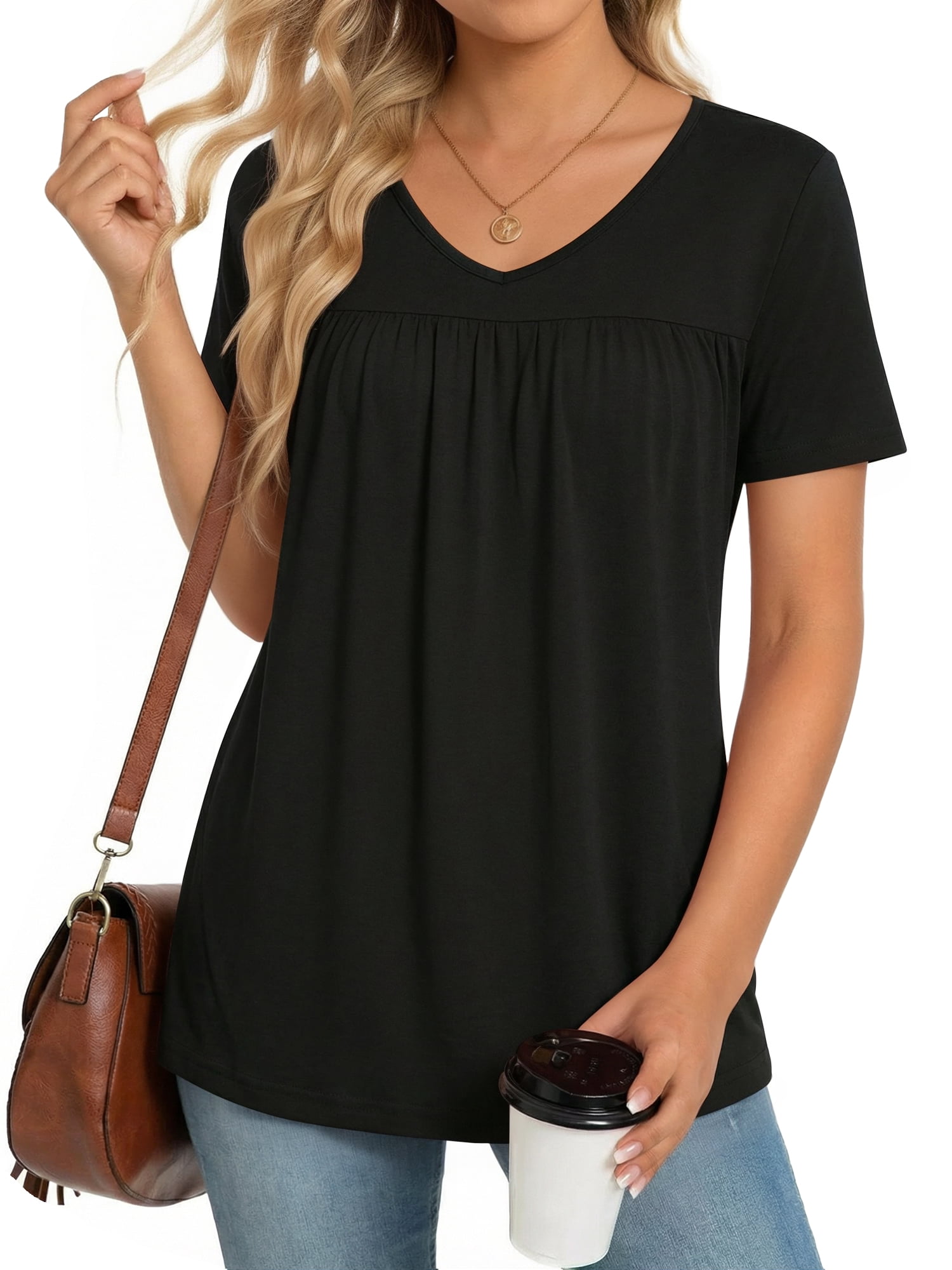 MOYIKO Womens T Shirts Short Sleeve Pleated Peplum Babydoll Summer Tops ...