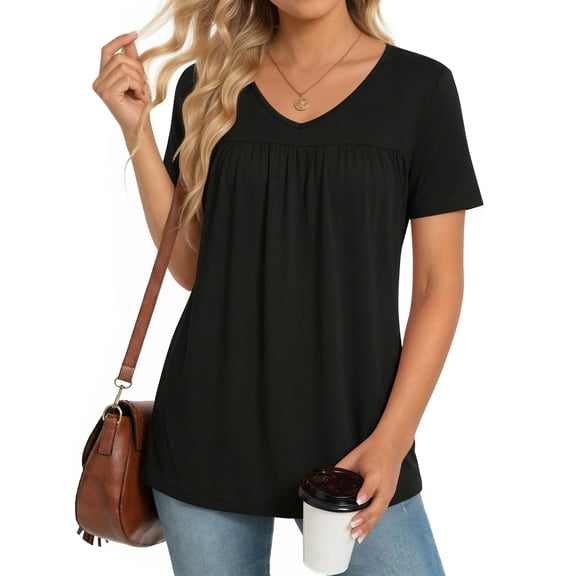 MOYIKO Womens T Shirts Short Sleeve Pleated Peplum Babydoll Summer Tops V Neck Dressy Casual Tunic