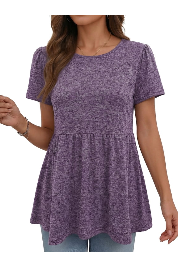 Womens T Shirts Short Sleeve Summer Tops Babydoll Puff Peplum Round Neck Tunic Dressy Casual