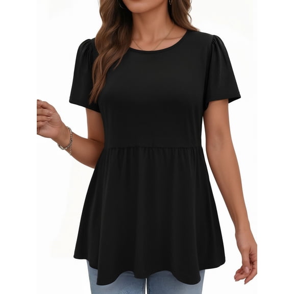 MOYIKO Womens T Shirts Short Sleeve Summer Tops Babydoll Puff Peplum Round Neck Tunic Dressy Casual