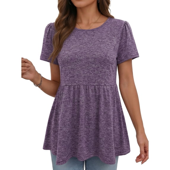 MOYIKO Women Basic T Shirts Casual Dressy Top Short Puff Sleeve Round Neck Summer Tops Deep Purple Babydoll Blouse Tee XXXL