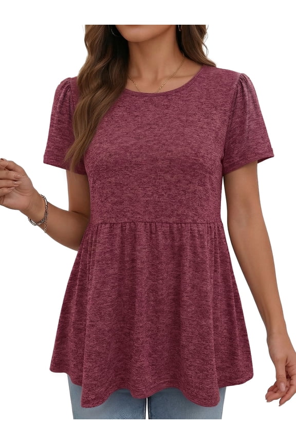 Women Summer Top Short Puff Sleeve Crewneck Basic T-shirt Burgundy Loose Fit Plain Tee L
