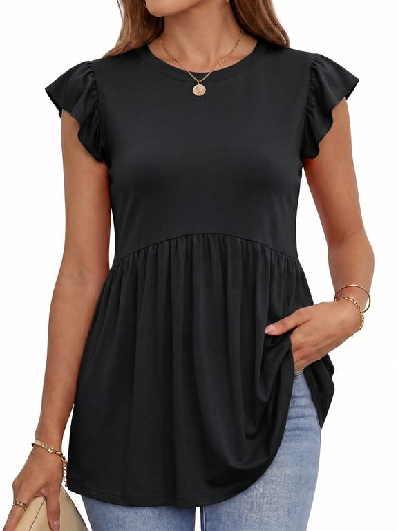 Womens Tank Tops Crew Neck Short Sleeve Summer Shirts Babydoll Peplum Tops Dressy Casual Blouses