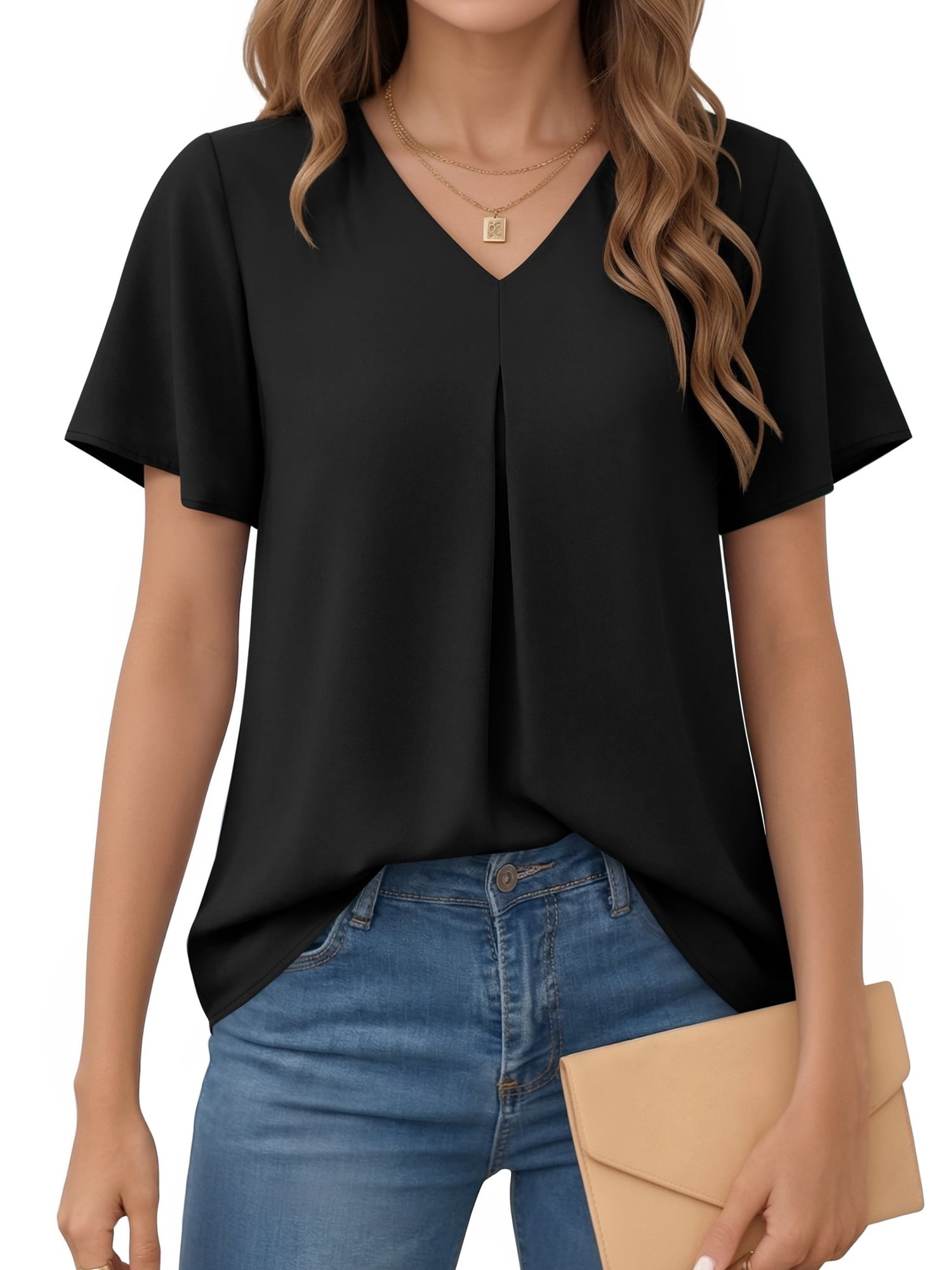 MOYIKO Womens Tops Dressy Blouses V Neck Ruffle Short Sleeve Tunic Tops ...