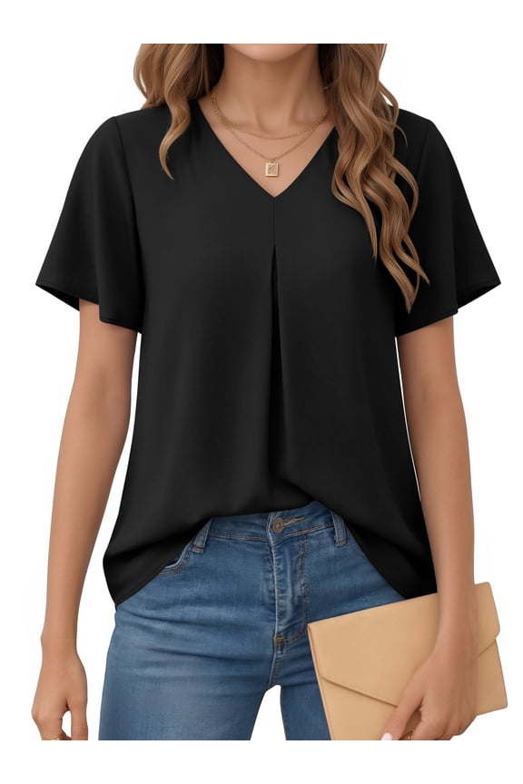 Womens Tops Dressy Blouses V Neck Ruffle Short Sleeve Tunic Tops Casual T-Shirts