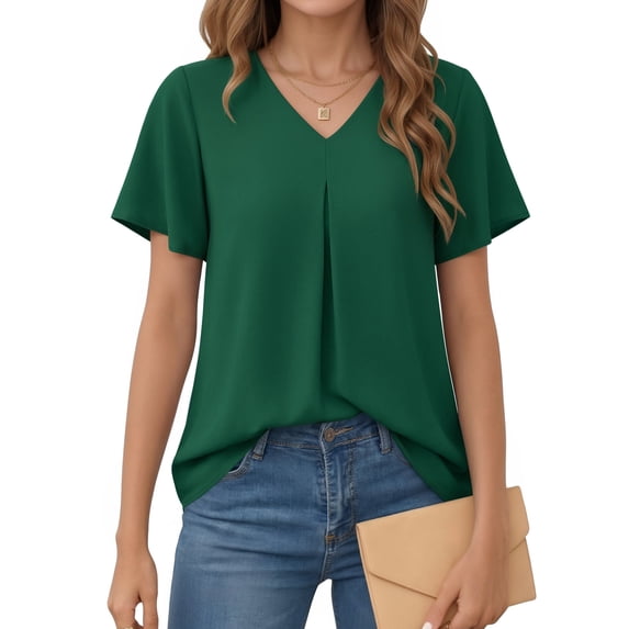 MOYIKO Womens Tops Dressy Blouses V Neck Ruffle Short Sleeve Tunic Tops Casual T-Shirts