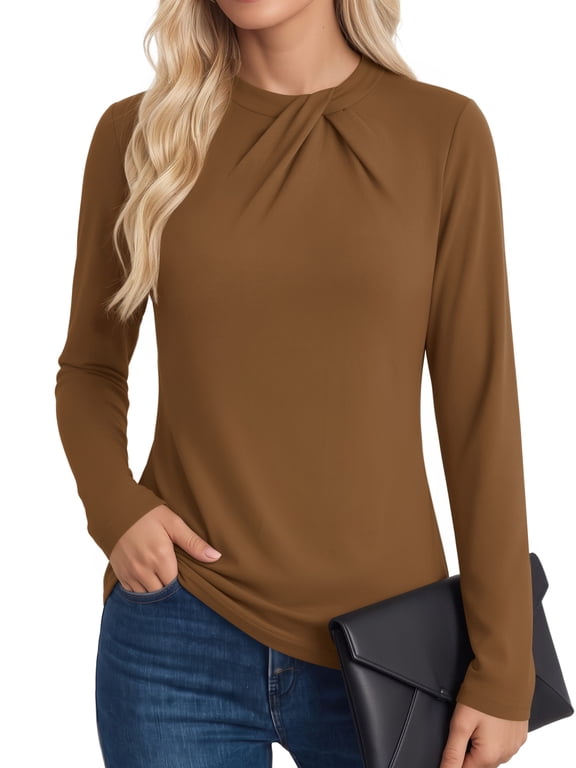 Womens Long Sleeve Shirts Twist Knot Mock Neck Loose Fit Tee Dressy Casual Tops Coffee Size L