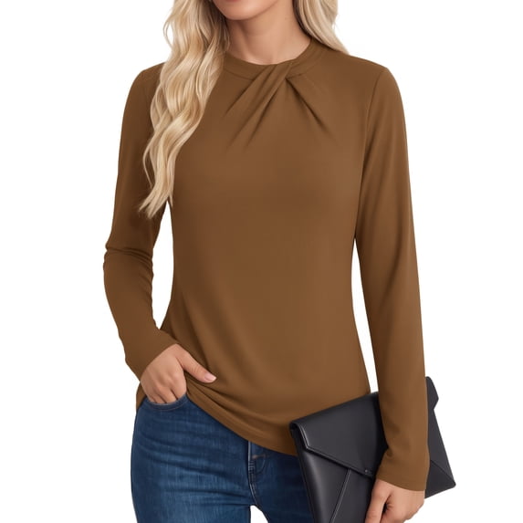 MOYIKO Womens Long Sleeve Shirts Twist Knot Mock Neck Loose Fit Tee Dressy Casual Tops Coffee Size XXL