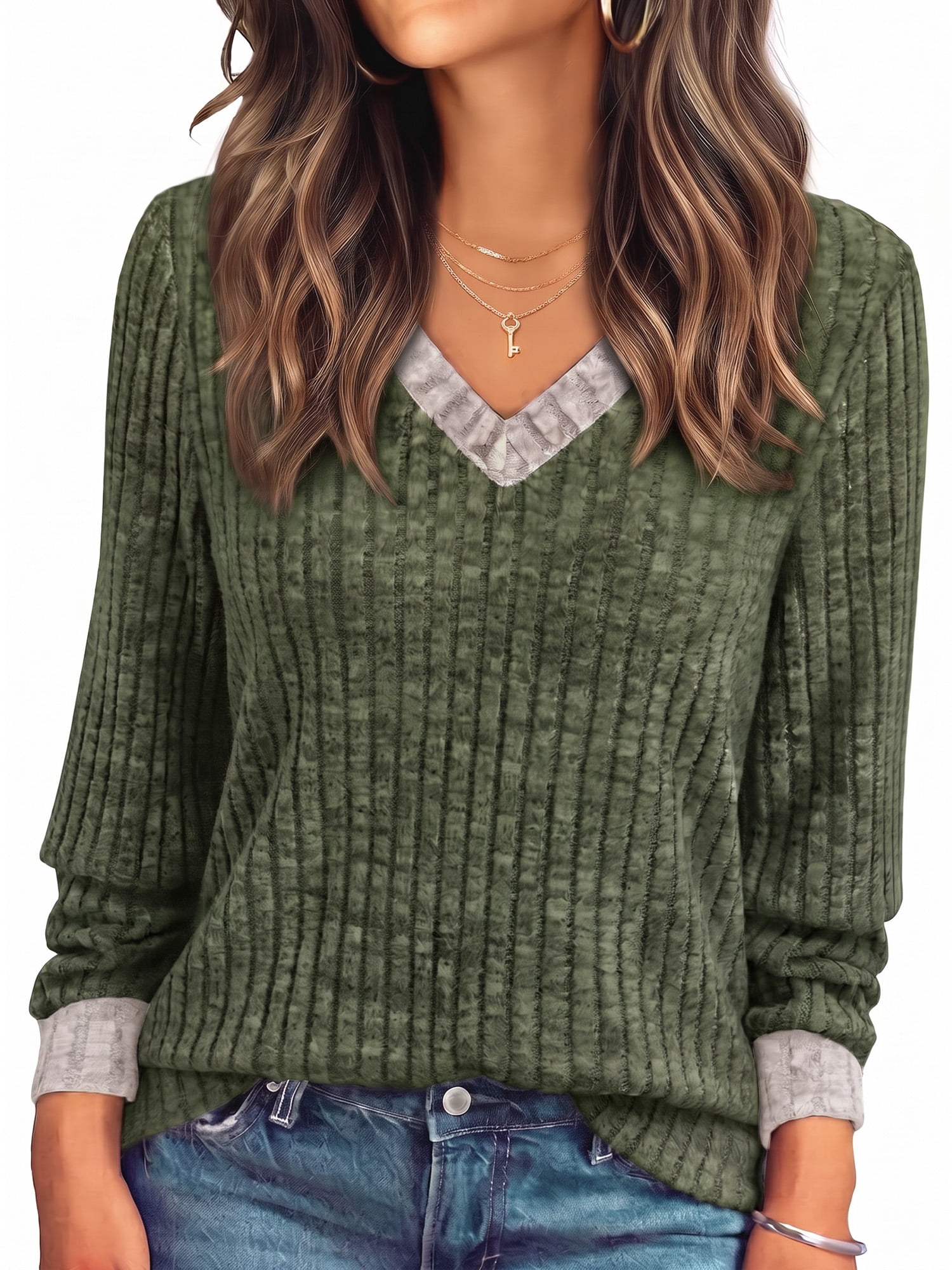 MOYIKO Womens V Neck Long Sleeve Shirts Color Block Dressy Casual Blouse Trendy Outfits