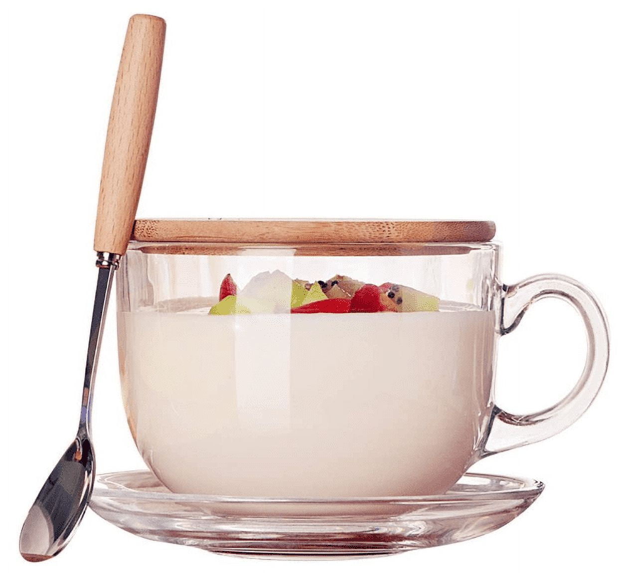 MOYISHI 16oz Morning Mug Clear Glass Tea Cup Coffee Mug with Bamboo Lid and Saucer,Spoon