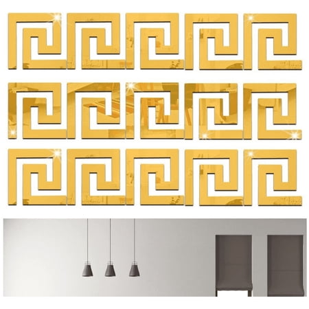 MOYISHI 28Pcs DIY Mirror Stickers Wall Decals, Peel and Stick Mirror Tiles Borders, Removable Adhesive Wall Stickers for Home Art Room Bedroom Background Decoration (Geometric Greek Key Pattern, Gold)