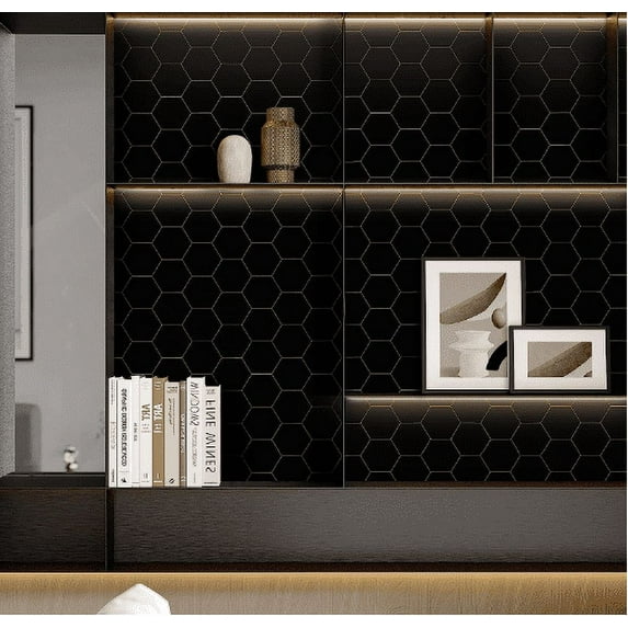MOYISHI Black Hexagon Wallpaper Geometric Wallpape Peel and Stick Wallpaper Gold and Black Contact Paper 17.3”×78.7”Decorative Shelf Drawer Liner Roll Waterproof