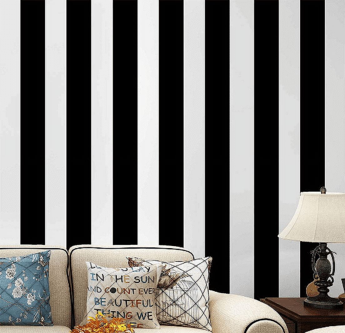 MOYISHI Self Adhesive Vinyl White Black Stripe Peel and Stick Wallpaper Shelf Liner Paper for Walls Furniture Cabinets Bedroom Kitchen Bathroom Decal Removable Waterproof (17.7x117 Inches)