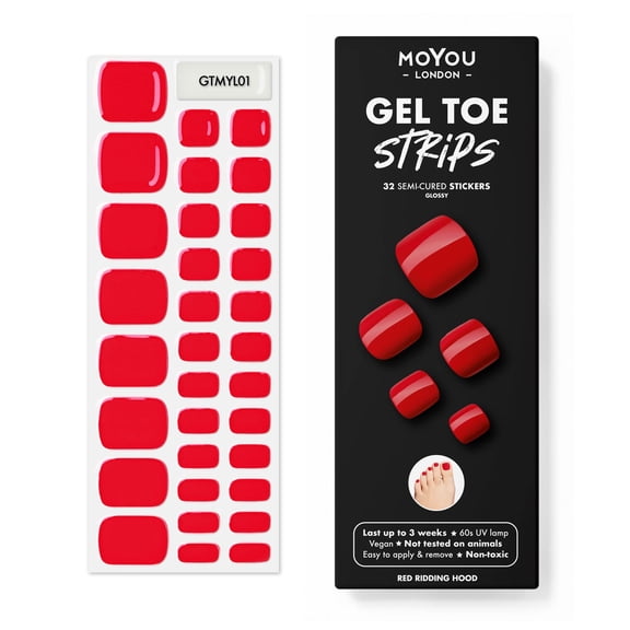 MOYOU LONDON Semi Cured Gel Nail Strips, 32 Pc. Gel Wraps for Nails, Easy Apply & Remove for Salon-Quality Pedicure - Red Ridding Hood ALT2