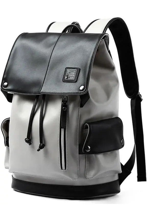 Vintage Faux Leather Laptop Backpack, Waterproof 15.6" Bag with Drawstring Flap, White
