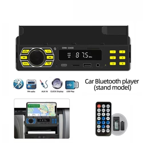 MP3 Player 1 DIN Bluetooth Car Radio FM Stereo Audio MP3 Voice Assistant W/Phone Holder AUX USB T Single Din