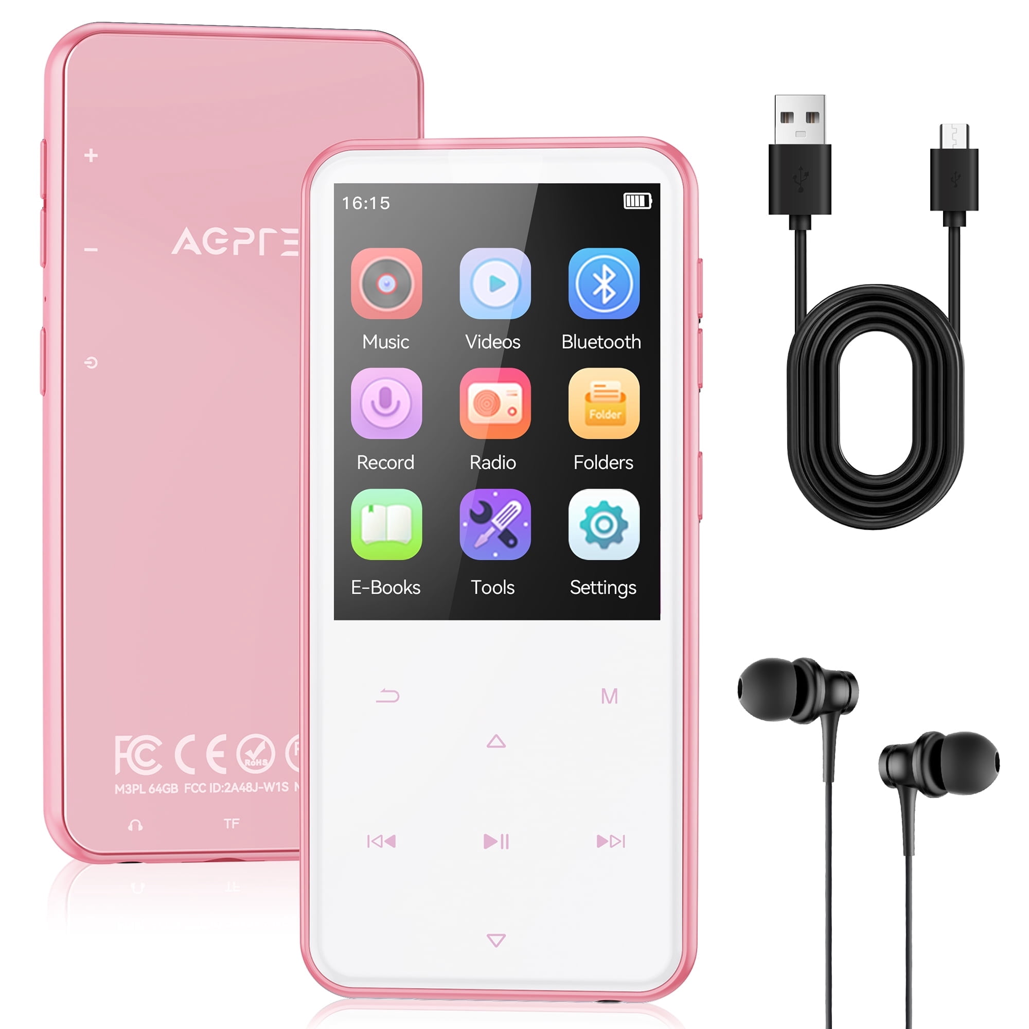 AGPTEK MP3 Player,64 GB Bluetooth Music Player with Speaker 2.4" Screen Touch Buttons Pink