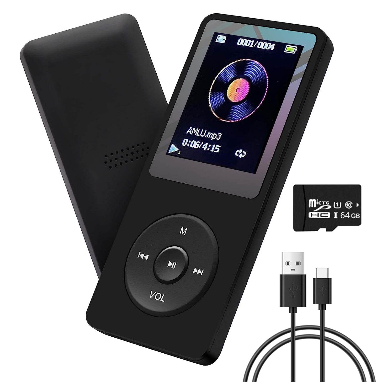 MP3 Player with 64GB TF Card, Bluetooth MP3 Player, Hi-Fi Sound Quality / Random Play / Single Song Loop / FM Radio / Built-in HD Speakers / Voice Recorder, Supports up to 128GB