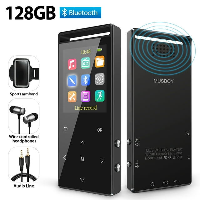 MP3 Player, MUSBOY 128GB Bluetooth 5.0, Portable Music Player with FM Radio, with Speaker, Touch Button，Alarm Clock, Stopwatch, Calendar.