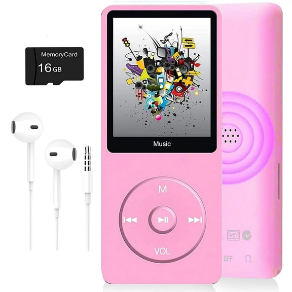 MP3 Player, Music Player with 16GB Micro SD Card, Build-in Speaker/Photo/Video Play/Voice Recorder/FM Radio/E-Book Reader, Supports up to 128GB, Pink
