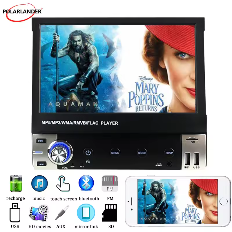 MP5 Car Stereo System 7 Inch Resistive Touch Screen Bluetooth Phone Projection Memory Function FM87.5-108MHz 12V