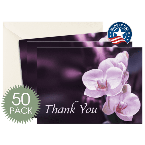 MPC Brands Funeral Sympathy Bereavement Thank You Cards, Purple Orchid, 50 Count