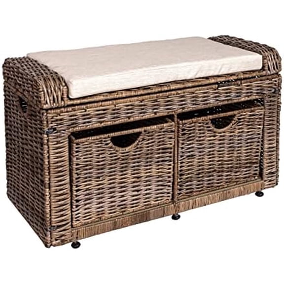 MPH9104A Madison 34.50" 2 Drawer Wicker Storage Bench, Rattan/Iron/Linen, Coastal; Rustic; Transitional for Kitchen, Living Room, Flat Storage, 220 lb Weight Capacity, Gray