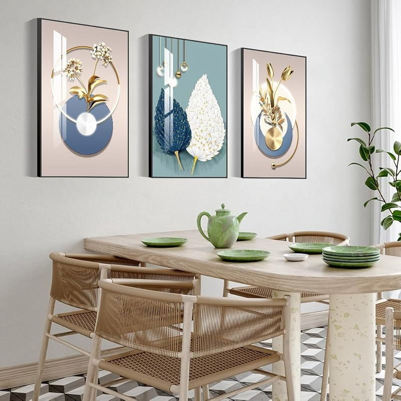 MPLONG Abstract Wall Art Set Of 3 - Modern Blue Yellow Grey Framed Canvas Prints For Living Room Bedroom
