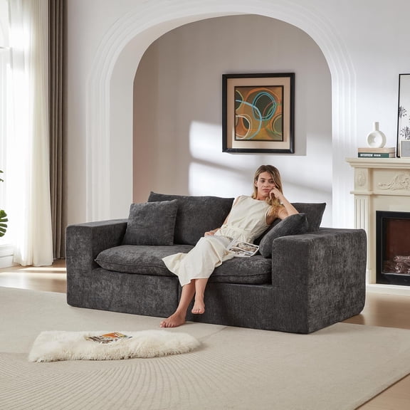 MPOLL Elegant Comfortable Loveseat Sofa with 2 Pillow,78.7" Modern Chenille Straight-Row Sofa,Minimalist Style Modular Sectional 2 Seat Couch for Apartment,Living Room,Office,Reception Area,Dark Gray