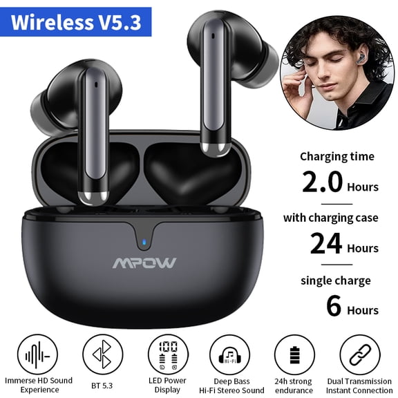 MPOW Bluetooth 5.3 TWS Headphones - Noise Cancelling, 3.8g Ultra-Light, 24H Battery, Touch Control, Dual Main Ears for Music/Gaming