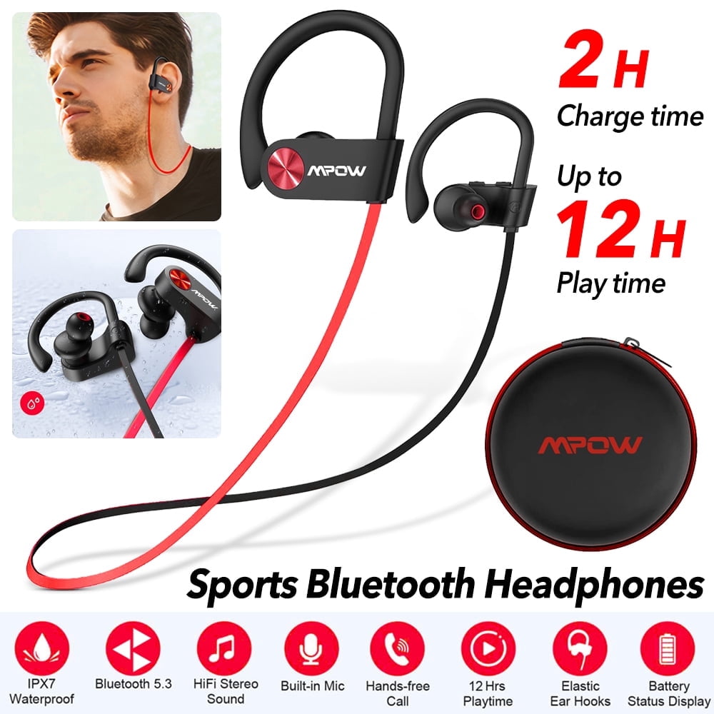 MPOW Bluetooth 5.3 Wireless Headphones, Sports Earbuds IPX7 Waterproof with Mic, Stereo Sweatproof in-Ear Earphones, Noise Cancelling Headsets