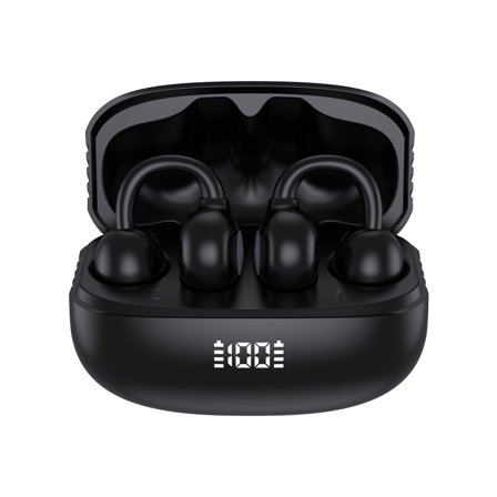 MPOW Bluetooth 5.4 Semi-In-Ear Ear Clip Headphones - S75 Black Digital Display, Touch-Free Control, 40mAh/300mAh Battery, Dual Master Earbuds 10M Transmission & Type-C
