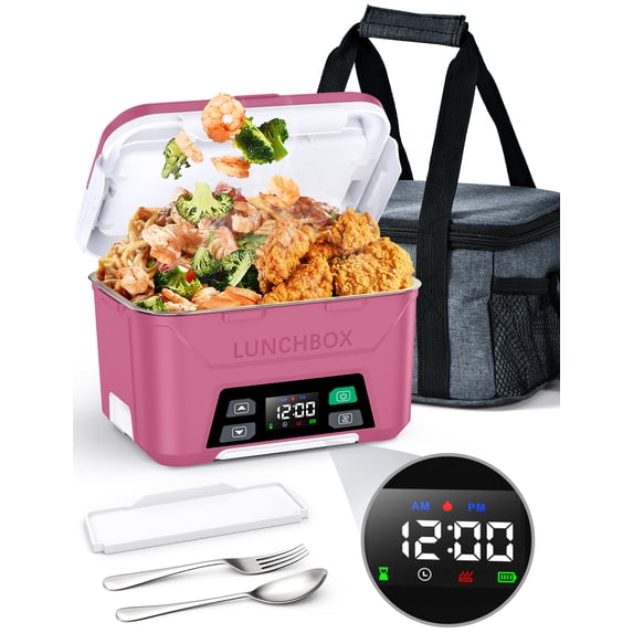 MPOW Cordless Electric Lunch Box, Heated Lunch Box Battery Powered with Automatic Scheduled Heating, 5.5 Cups Capacity, with Removable Tray Divider, Dishwasher Safe, for Hot Meals Anywhere - Pink