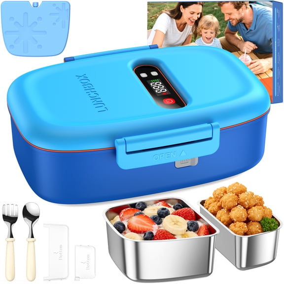 MPOW Cordless Electric Lunch Box, Heated Lunch Box for Kids, Battery Powered with Automatic Scheduled Heating - 2 Compartments & 2 Temperature Zones(Sky Blue)