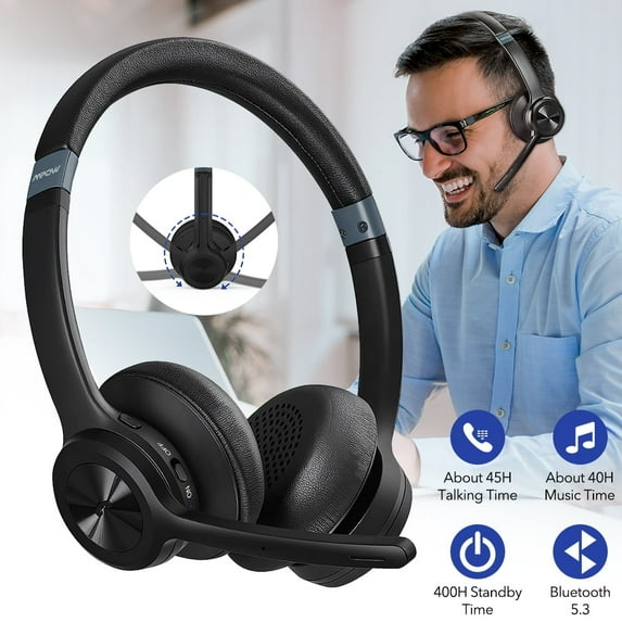 Dual Bluetooth 5.3 Headset, Wireless Headphones with Noise Cancelling Microphone, on-Ear Headset for Cell Phones Laptop Computer, Black