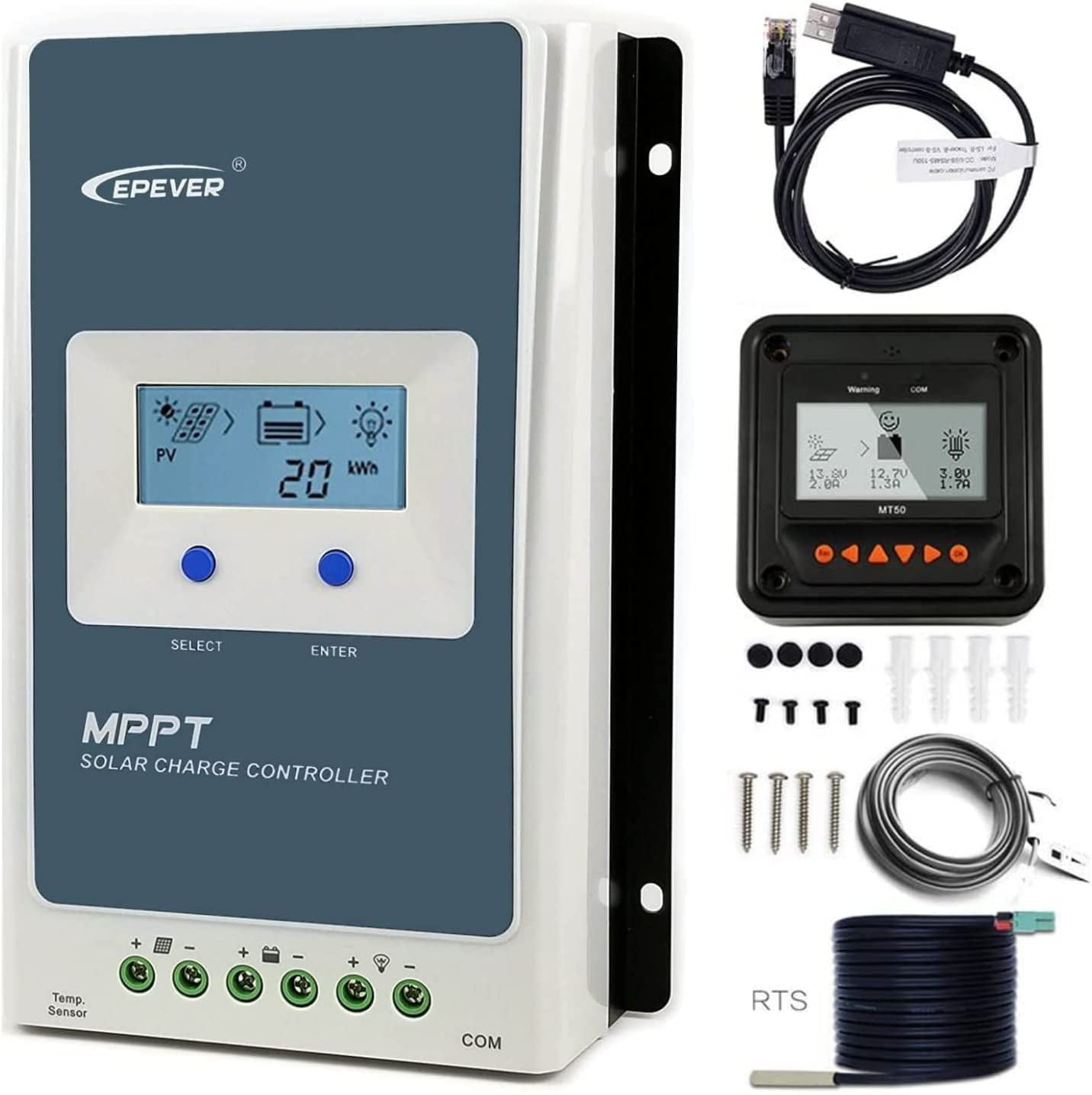 MPPT Solar Charge Controller 30A 12V/24V Auto Solar Panel Charge Controller Max.PV 100V Solar Charge Regulator with MT50 Remote Meter + Temperature Sensor RST + PC Monitoring Cable RS485