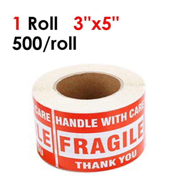 MPRT 1 Roll LARGE 3" x 5" Fragile Stickers, Handle With Care Thank You Label Sticker, Red 500/roll
