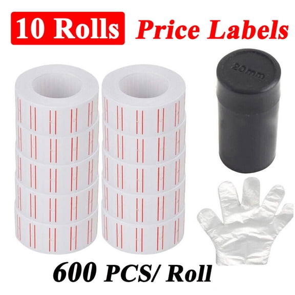 MPRT 10 Rolls 6000pcs White Price Gun Labels Paper Tag Stickers For MX-5500, with Double Red Line, Refill Ink Roll and gloves