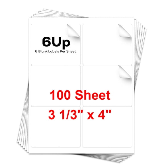 MPRT 100 Sheets 3 1/3" x 4" Address Shipping Labels, 4"x3.33" Self-Adhesive Blank White Mailing Stickers, 6 UP for Laser & Inkjet Printer, 6 Labels per Sheet