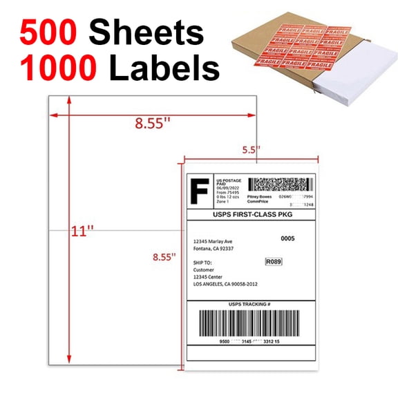 MPRT 1000 Half Sheet Label Self Adhesive Shipping Labels, 8.5" x 5.5" Mailing Address Blank Labels for Laser & Inkjet Printers (Total 1000 Labels = 500 Sheets)
