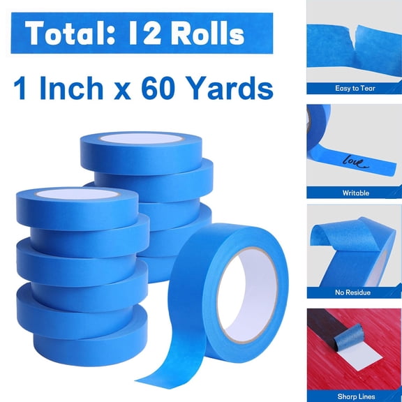 MPRT 12 Rolls Blue Painters Tape 1 Inch Wide 60 Yards Masking Tape for Wall Painting, Home Painting, Car Painting, DIY