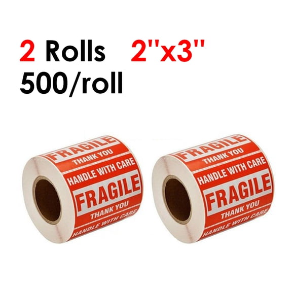 MPRT 2 Rolls 2" x 3" Fragile Stickers, Handle With Care Thank You Label Sticker, Red 500/roll