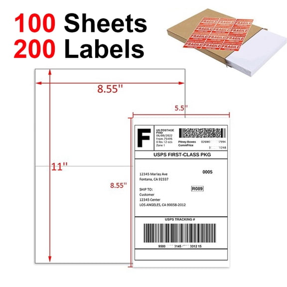 MPRT 200 Half Sheet Label Self Adhesive Shipping Labels, 8.5" x 5.5" Mailing Address Blank Labels for Laser & Inkjet Printers (Total 200 Labels = 100 Sheets)