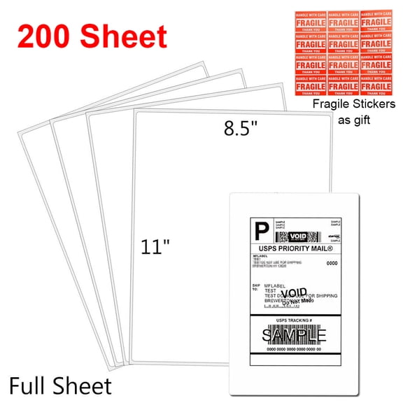 MPRT 200 Pack 8.5" x 11" Full Sheet Shipping Labels, Self Adhesive Blank Matte White Sticker Paper for Laser & Inkjet Printers