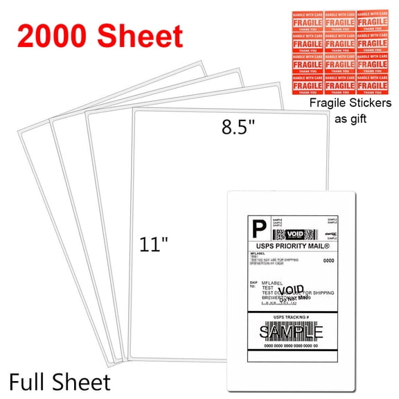 MPRT 2000 Pack 8.5" x 11" Full Sheet Shipping Labels, Self Adhesive Blank Matte White Sticker Paper for Laser & Inkjet Printers