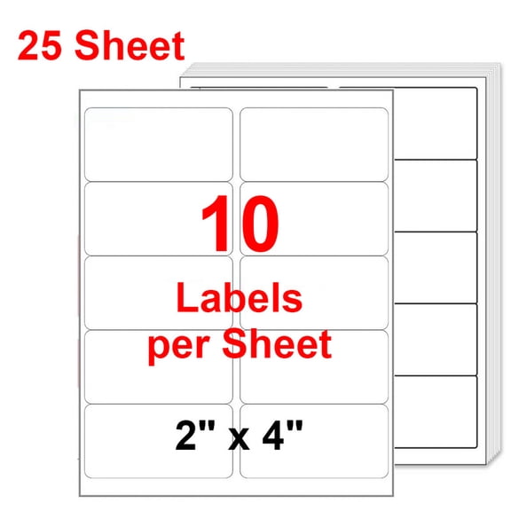 MPRT 25 Sheets 2" x 4" Address Shipping Labels, Self-Adhesive Blank White Mailing Stickers, 10 UP for Laser & Inkjet Printer, 10 Labels per Sheet